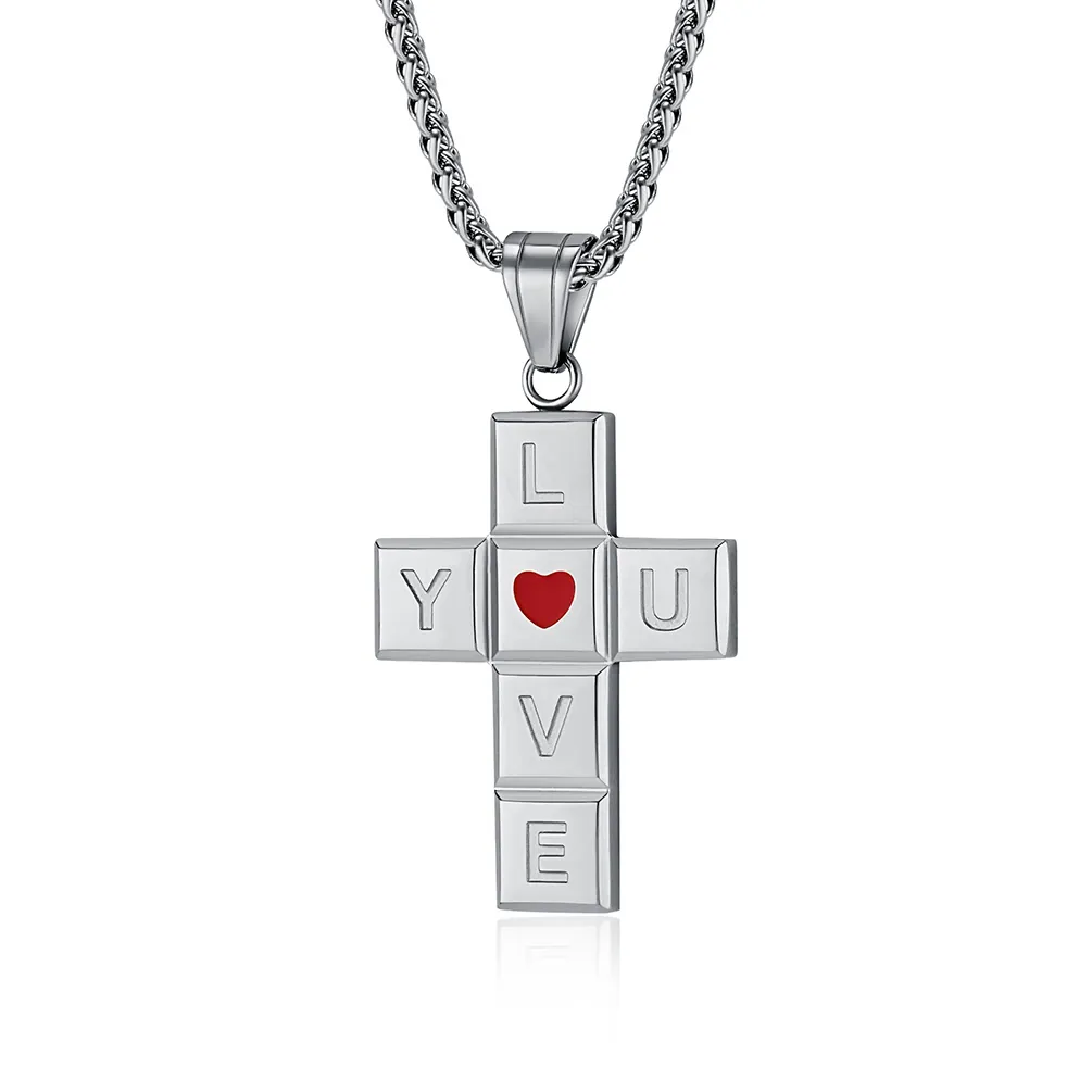 Collier Pendentif Croix Love You en Acier Inoxydable Poli Avec Cœur Rouge Email Bijoux Religieux pour Hommes Femmes Cadeau