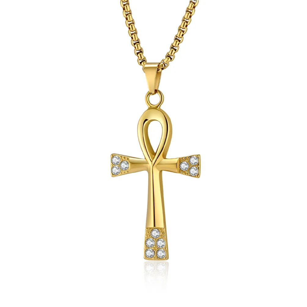 Collier Pendentif Croix Ânkh en Acier Inoxydable Vintage Symbole de Vie Égyptien Bijoux Avec Accents de Zirconium pour Hommes Femmes
