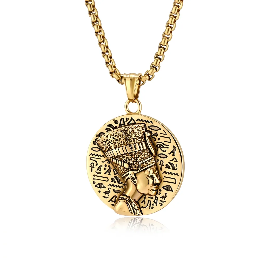 Collana Con Ciondolo a Moneta Ritratto Regina Nefertiti Antico Egitto in Acciaio Inossidabile Gioielli Retrò Per Uomo Donna