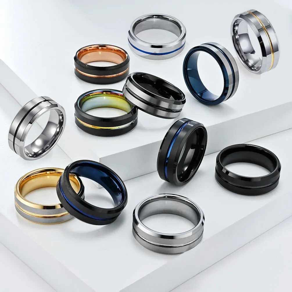 8mm Men's Tungsten Steel Ring Two Tone Grooved Brushed Finish Comfort Fit Wedding Band Engagement Fashion Jewelry Accessory