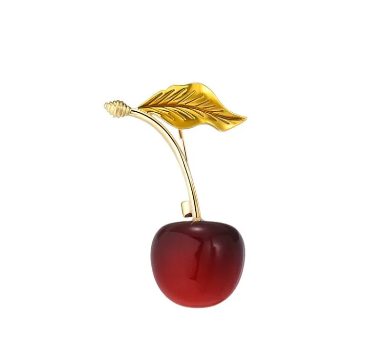 Elegant Cherry Shape Brooch For Women Fruit Cherry Pin Alloy Gold Leaves Red Fruit Fashion Brooch For Suits Dresses Accessories