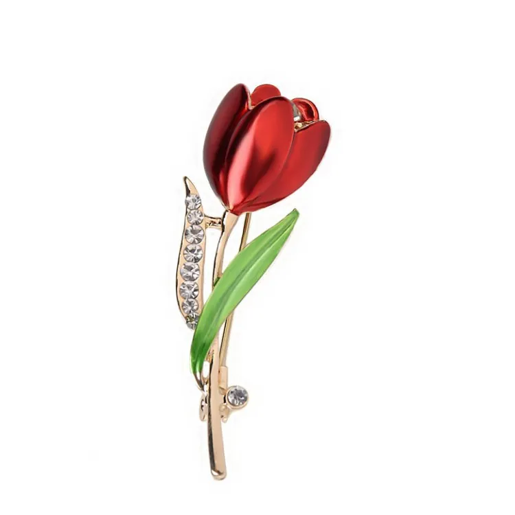 Damen Mode Tulpe Blume Brosche Zinklegierung Rot Emaille Strass Pin Abzeichen Koreanischen Stil Kleidung Zubehör Schmuck Geschenk