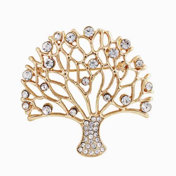 Eleganter Lebensbaum Brosche Pin Für Damen Mode Legierung Vergoldet Strass Eingelegt Botanische Brustnadel Für Bankett Hochzeit Party Schmuck Geschenk