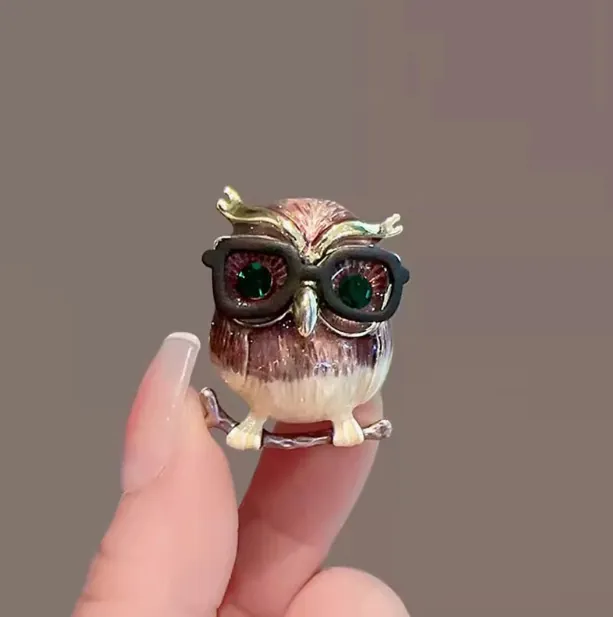 Broche Hibou Vintage Avec Lunettes Alliage Émail Animal Épingle Pour Femmes Yeux Verts Strass Épingle de Revers Bijoux
