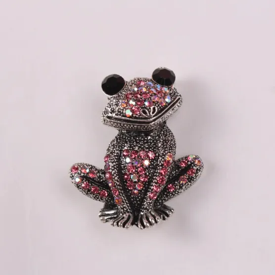 Vintage Silver Alloy Frog Brooch With Pink Rhinestone AB Crystal For Banquet Party Wedding Women Men Animal Jewelry