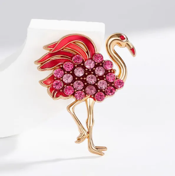 Élégante Broche Flamant Rose en Cristal pour Femmes Alliage Rose Bleu Strass Émail Broches Animaux pour Costume Robe