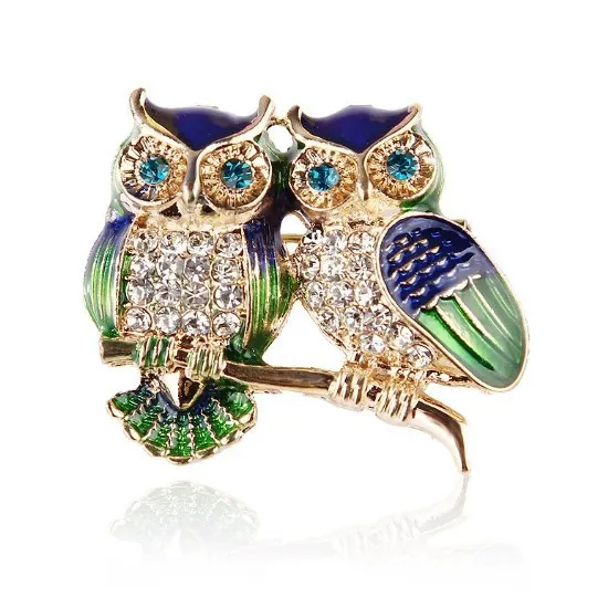 Vintage Zinc Alloy Double Owl Brooch Gold Plated Enamel Rhinestone Tree Branch Bird Pin Fashion Animal Jewelry For Women