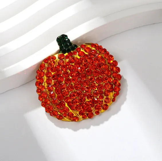 Halloween Kürbis Brosche Für Damen Luxus Legierung Orange Rot Grün Strass Vollbesetzt Vergoldet Frucht Anstecknadeln Modeschmuck