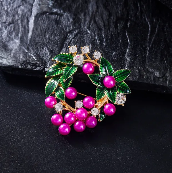 Élégante Broche Couronne De Fleurs Épingle Alliage Émail Feuille Künstliche Perle Imitation Violette Strass Accessoires Bijoux Femme