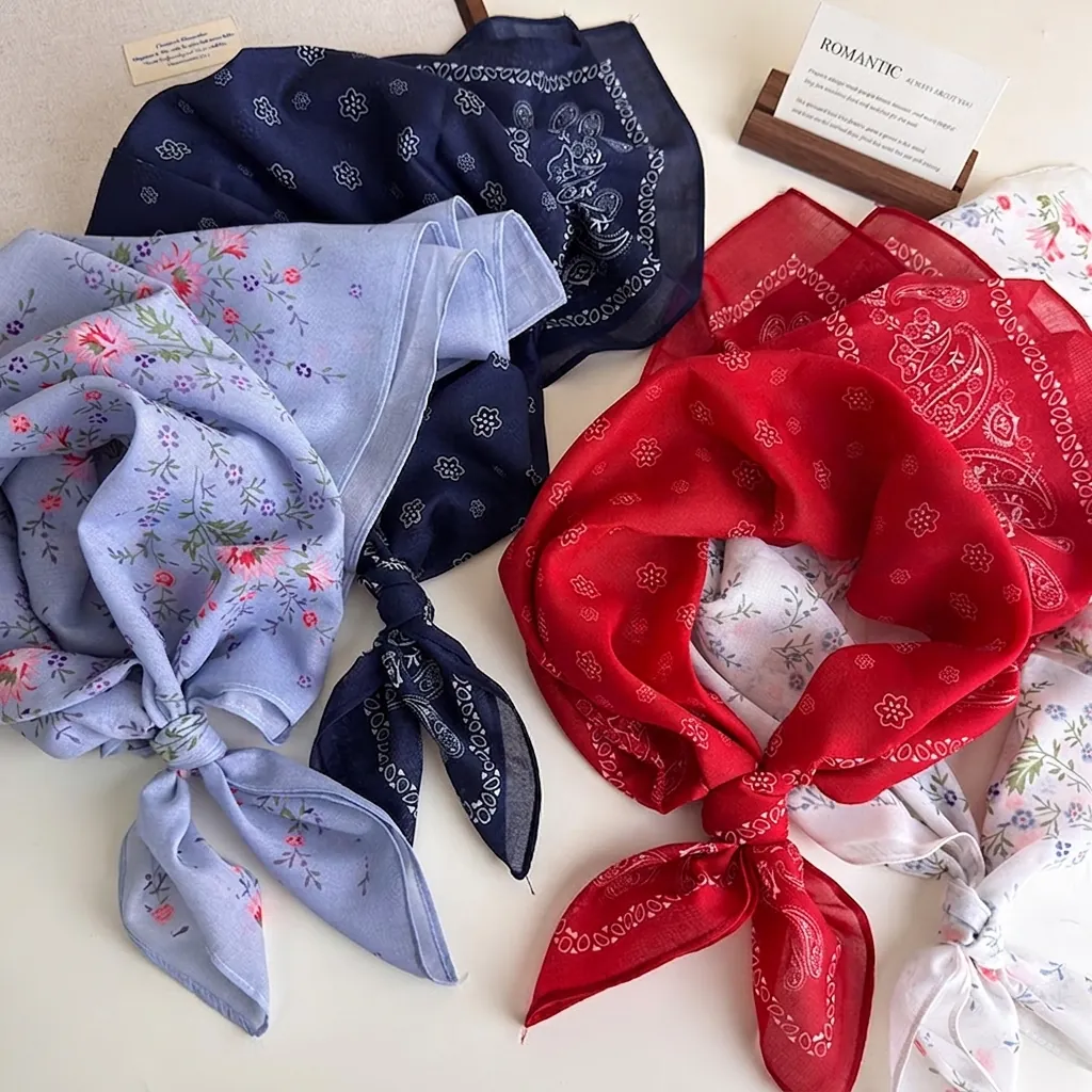 Vintage Paisley Floral Cotton Linen Square Scarf Women French Style Hairband Neck Scarf Thin Lightweight Headband
