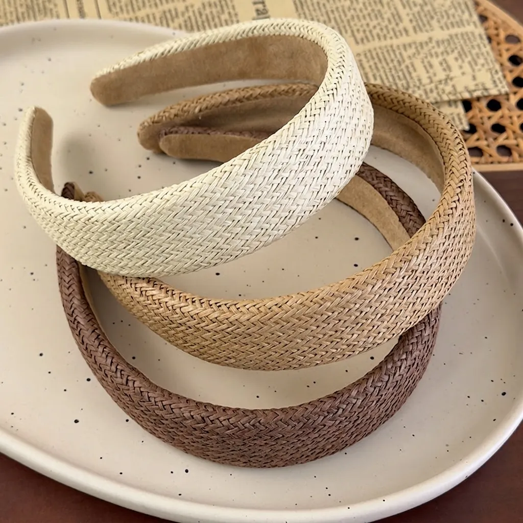 Vintage French Style Wide Braided Straw Hairband For Women Elegant Solid Color Handmade Weave Headband Hair Accessories