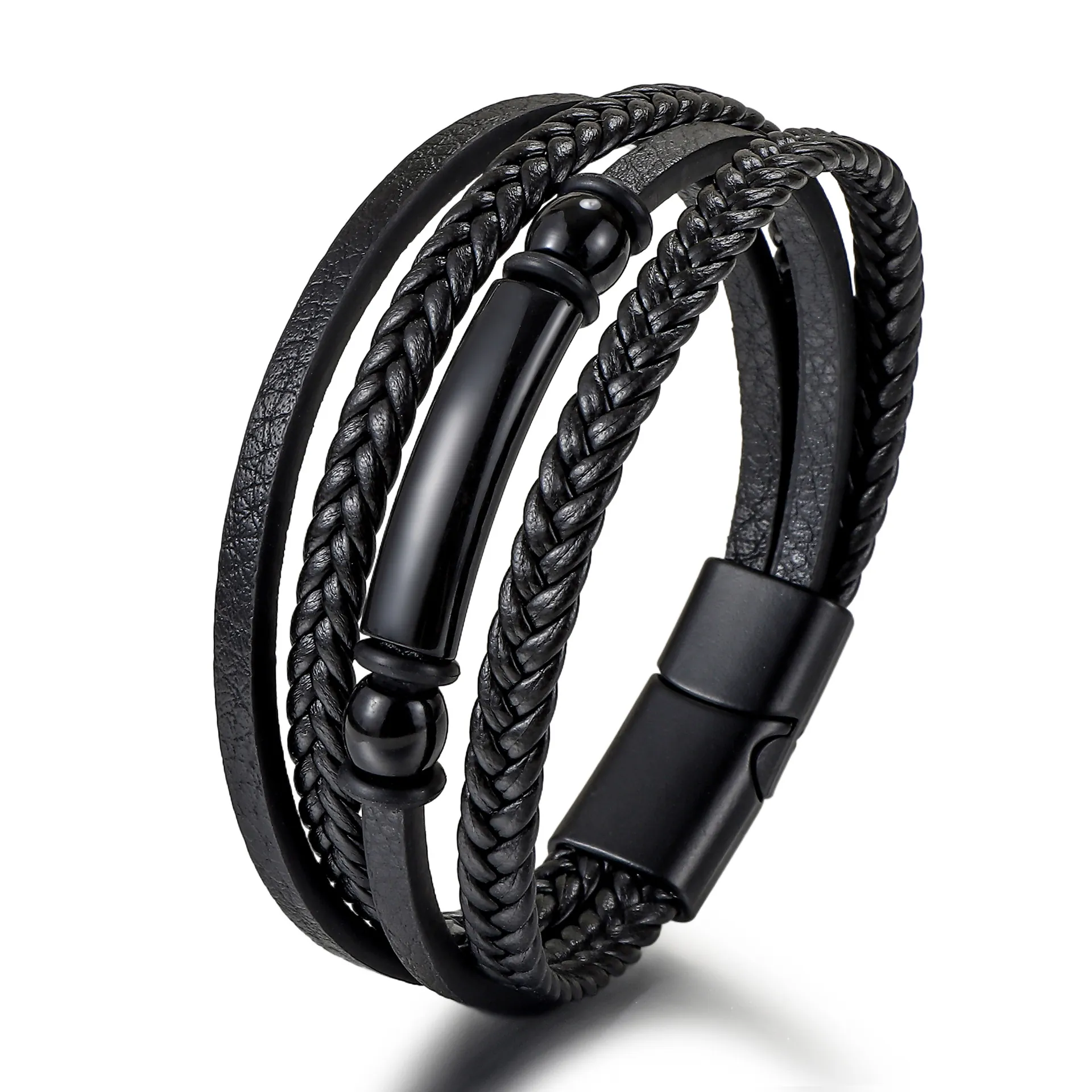 Men Multi-layer Braided Leather Bracelet Magnetic Clasp Alloy Beads Black Multi-strand Hand Strap Jewelry For Men Gift