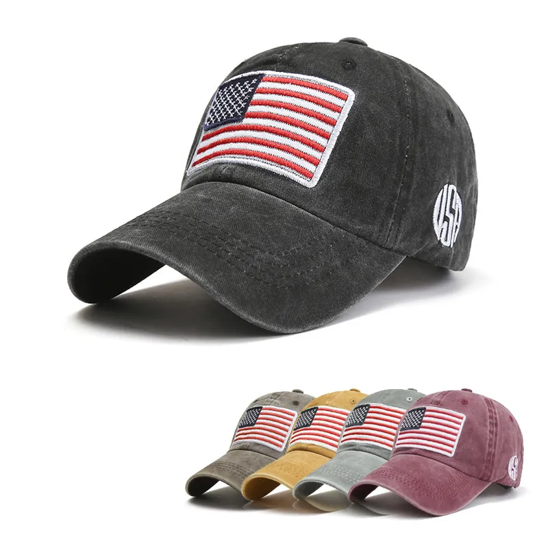 Washed Cotton American Flag Embroidery Baseball Cap Retro Distressed USA Letter Sun Protection Dad Hat For Men Women