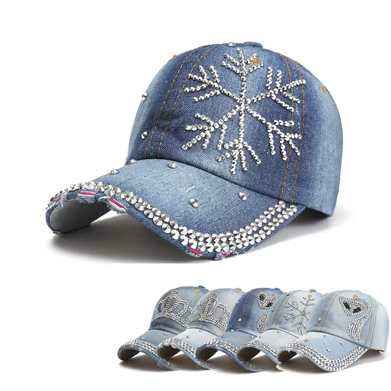 Berretto da Baseball in Denim con Strass Lussuoso Cotone Lavato Cappello Distressed Sfrangiato Fiocco di Neve Corona Regolabile Sole