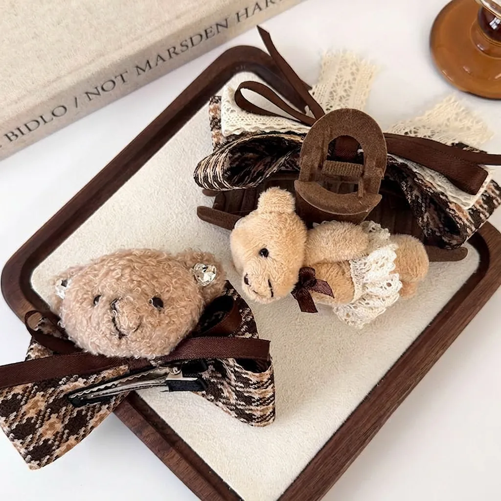 Cute Plush Bear Hair Clip Rhinestone Bow Knot Fabric Shark Clip Autumn Winter Brown Bear Claw Clip For Women Girls
