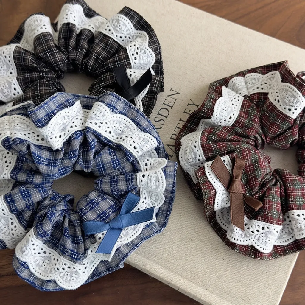 British Academy Style Plaid Lace Scrunchie For Women Vintage Checkered Fabric Hair Ties With Bow Sweet Floral Hair Accessories