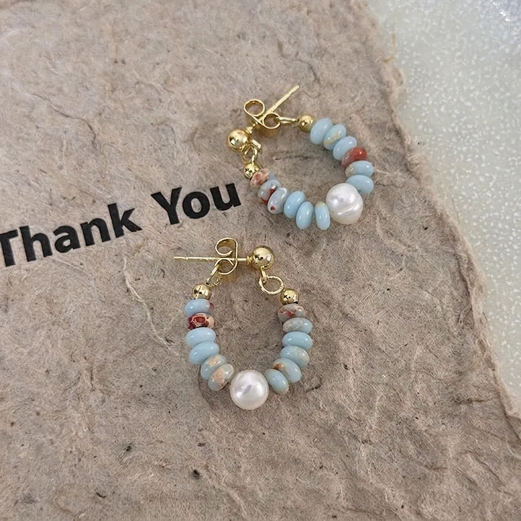 Bohemian Handmade Stone And Freshwater Pearl Hoop Earrings For Women Korean Style Beaded Lacquered Geometric Earrings Jewelry