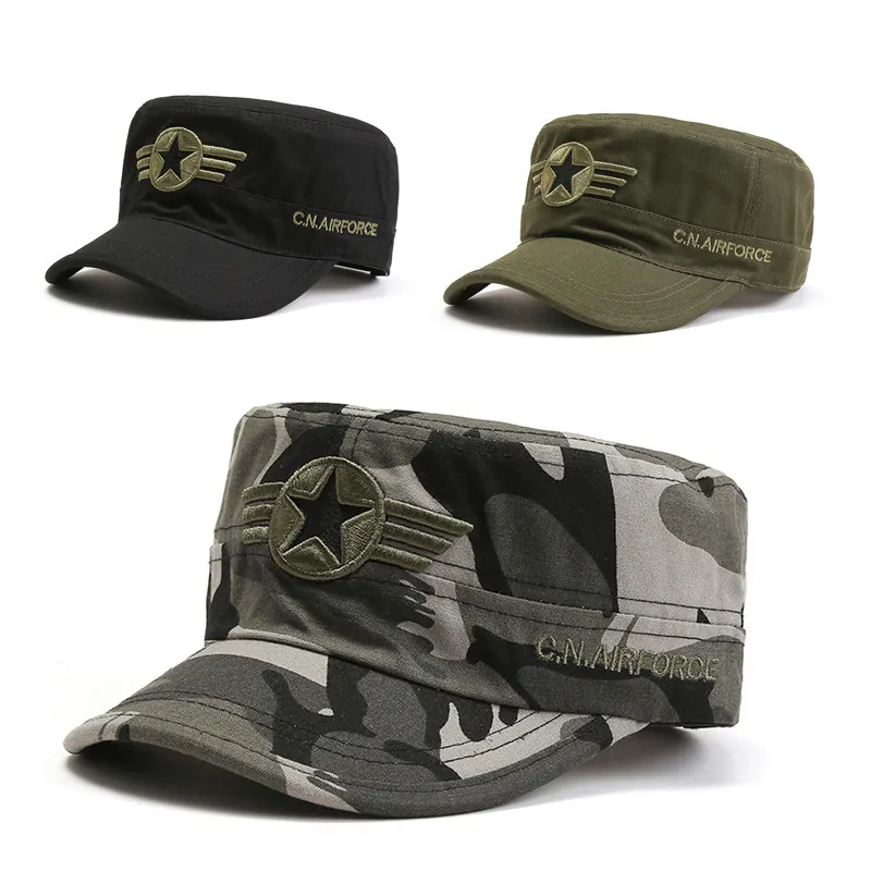 Berretto Militare Unisex a Punta Piatta in Tela di Cotone Protezione Solare Con Ricamo a Stella per Pesca Escursionismo