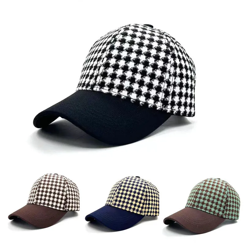 Vintage Houndstooth Polyester Baseball Cap For Men Women Casual Color Blocking Warm Sunshade Outdoor Travel Adjustable Hat