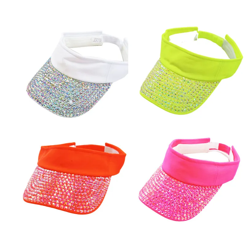 Chapeau de Visière de Soleil Femme avec Strass Scintillants Sommet Vide Réglable Été Plage Protection UV Polyester Mode