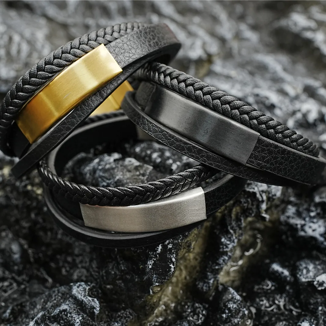 Men Multi-layer Leather Braided Bracelet With Titanium Steel Metal Plaque Magnetic Clasp Polished Punk Jewelry Bracelet