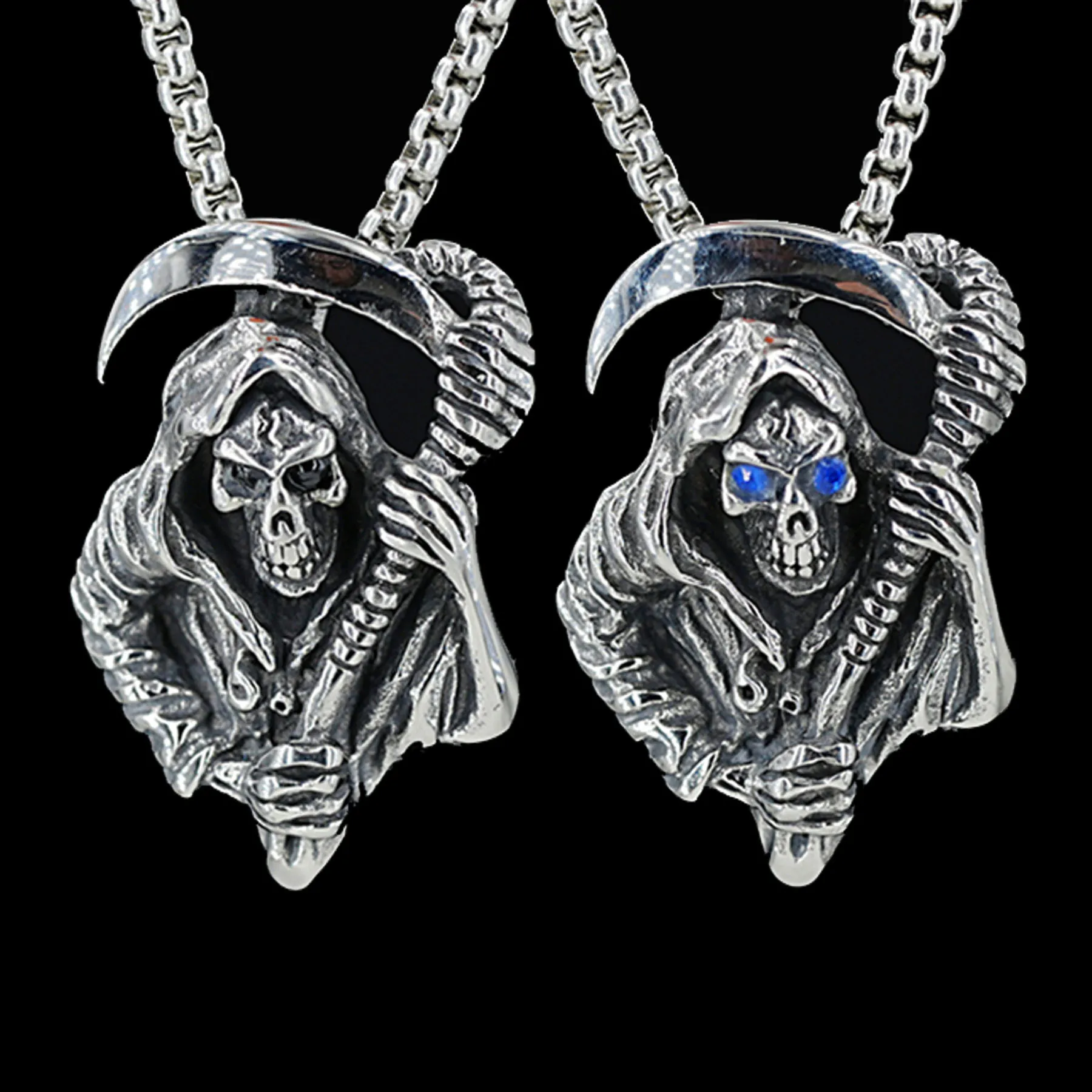 Gothic Stainless Steel Grim Reaper Skull Scythe Pendant Necklace Blue Rhinestone Inlaid Antique Silver Punk Jewelry For Men Women