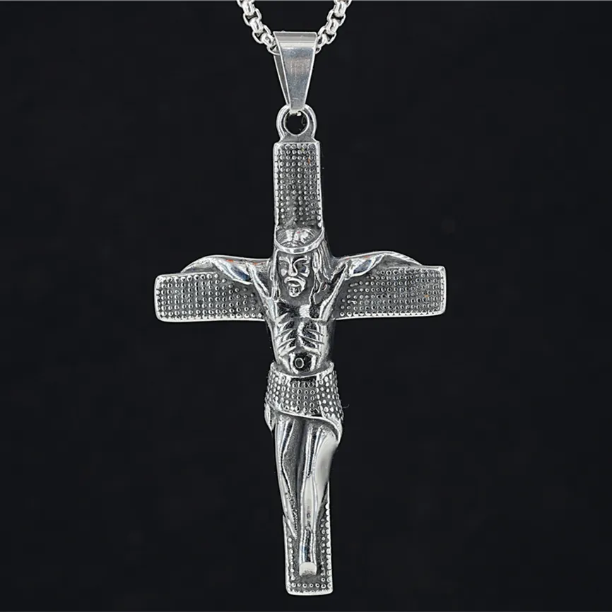 Jesus Crucifix Cross Pendant Necklace Vintage Stainless Steel Distressed Religious Jewelry For Men Hip Hop Gothic Sweater Chain