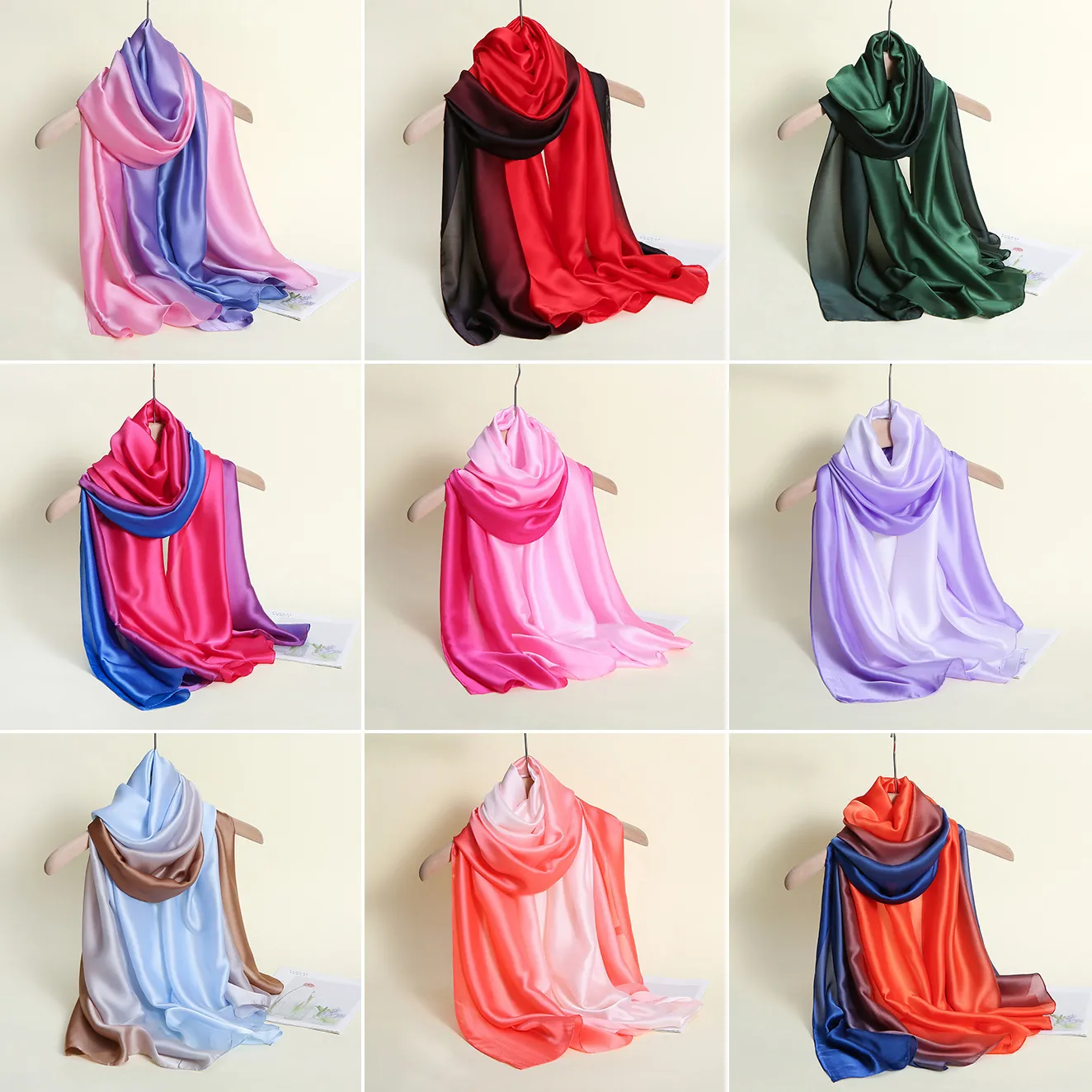 Women's Gradient Color Long Satin Scarf Elegant Silk Feeling Wrap Shawl Printed Polyester Lightweight Headscarf Fashion Accessories