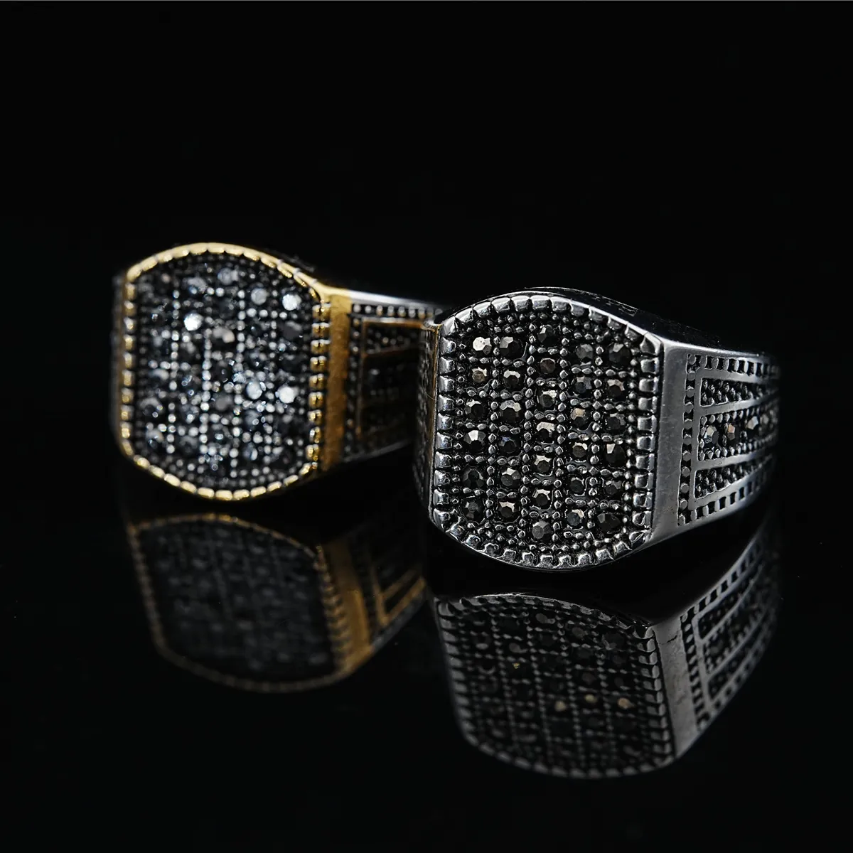 Vintage Herren Edelstahl Siegelring Unregelmäßige Rechteckige Oberfläche Pavé Schwarz Strass Punk Hip Hop Fingerring Schmuck
