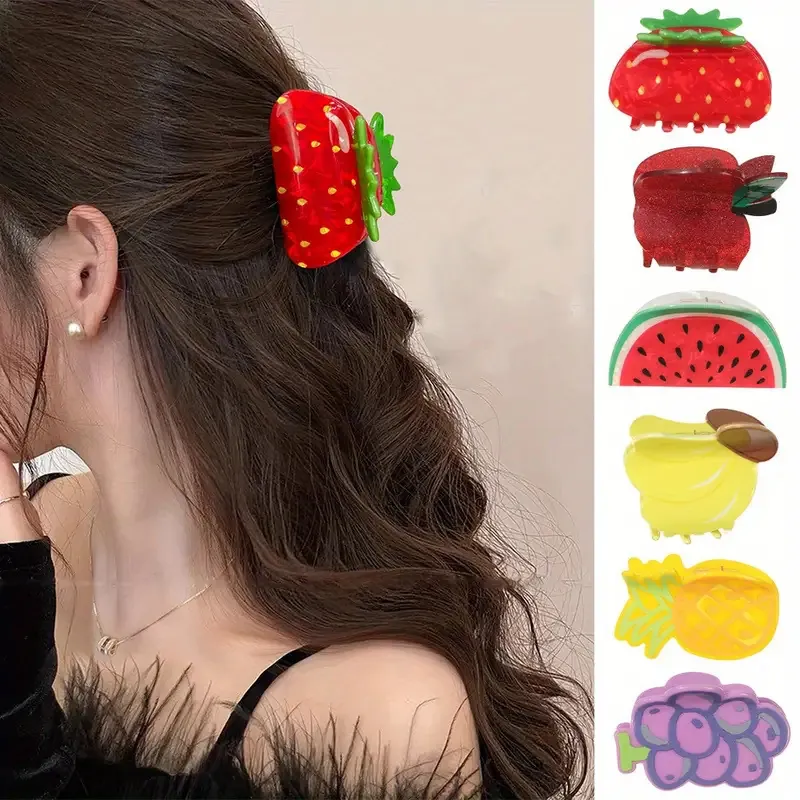 Pinces à Cheveux Mignonnes en Acrylique en Forme de Fruits pour Femmes Filles Pastèque Fraise Banane Ananas Raisin Accessoires de Cheveux