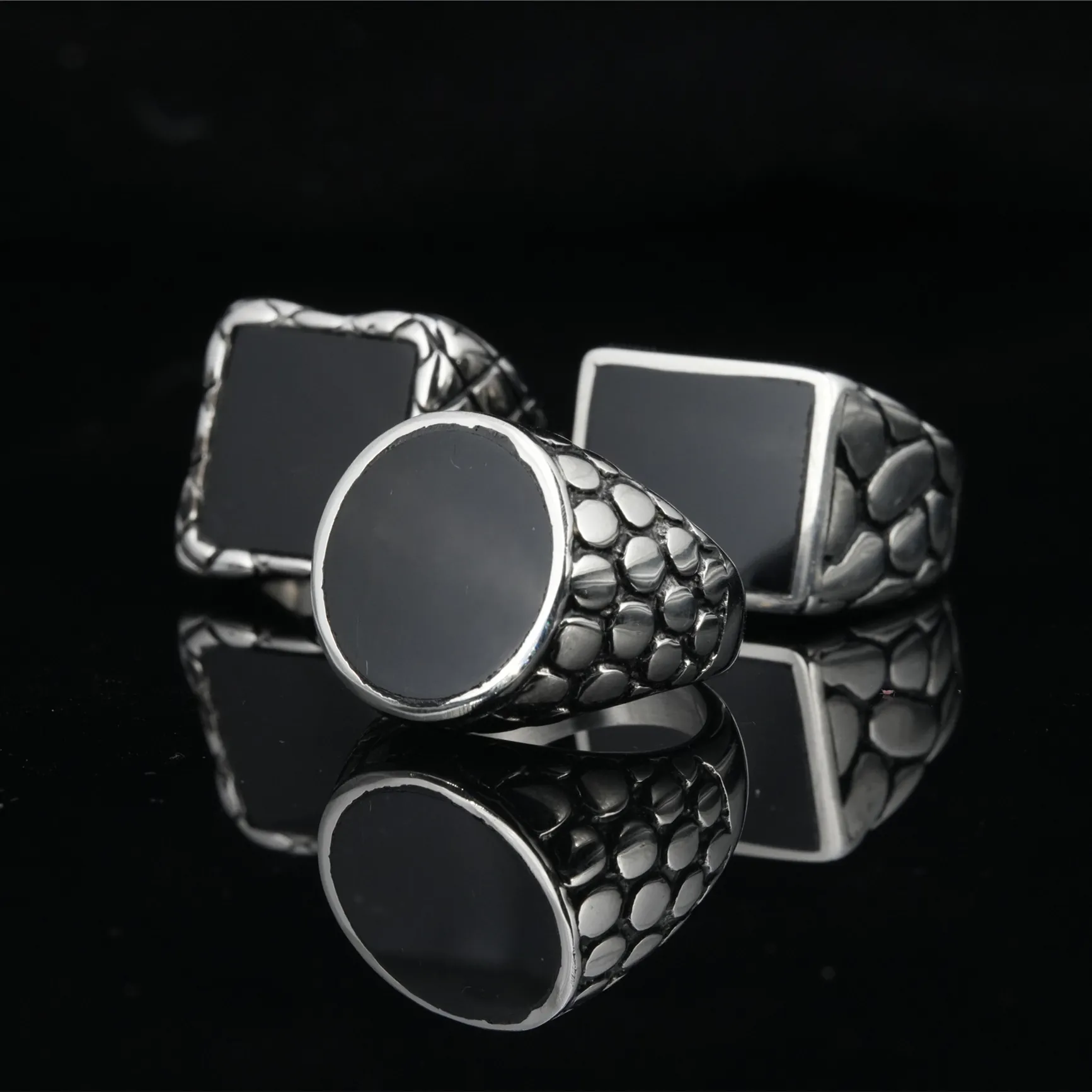 Vintage Titanium Stainless Steel Signet Ring For Men Black Geometric Obsidian Style Round Square Rectangle Retro Punk Ring