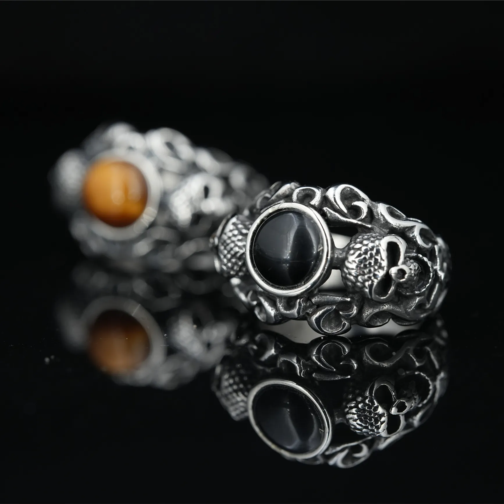 Vintage Gothic Skull Titanium Steel Ring For Men Women Black Agate Tiger Eye Stone Carved Punk Rock Finger Ring Jewelry