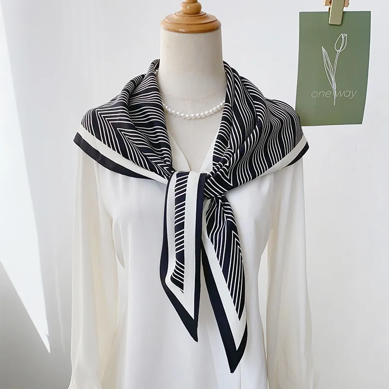 Geometric Stripe Print Satin Triangle Scarf Multi Functional Neck Tie Elegant Professional Commuter Accessory For Women