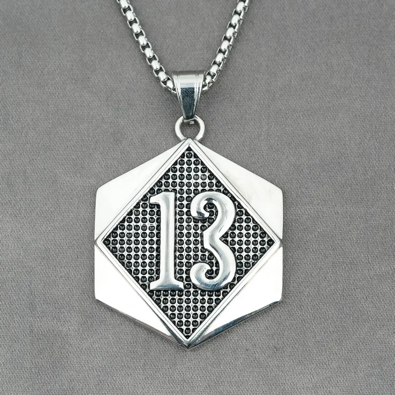 Hip Hop Hexagon Number 13 Pendant Necklace For Men Stainless Steel Punk Streetwear Personalized Jewelry Gift Silver Pendant