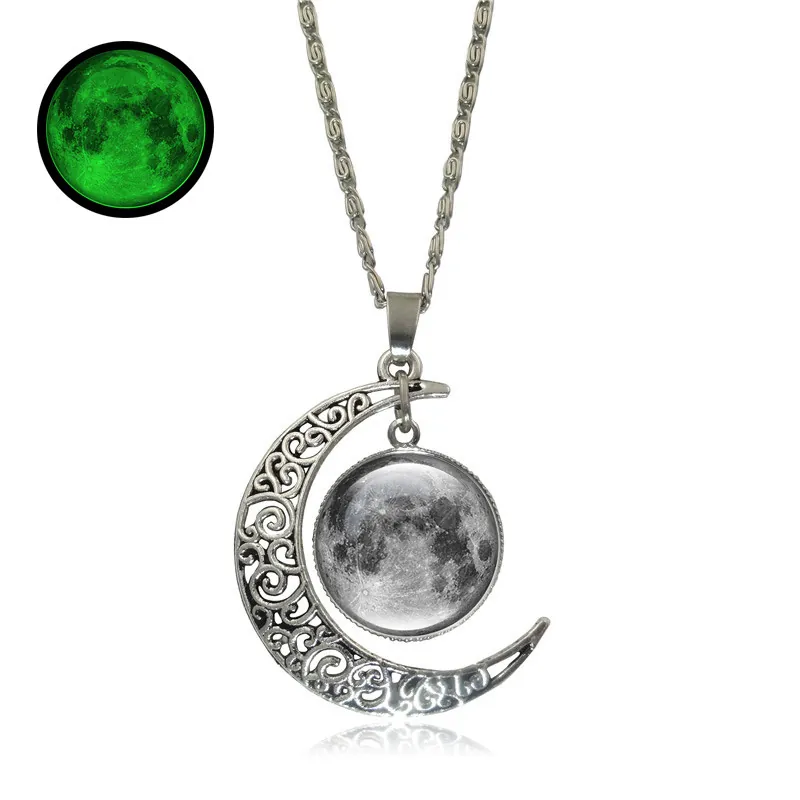 Vintage Glow In The Dark Moon Pendant Necklace For Women Silver Color Alloy Luminous Celestial Planet Jewelry Necklaces
