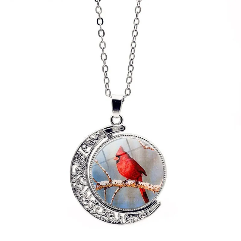 Vintage Alloy Rotating Crescent Moon Cardinal Bird Glass Pendant Necklace Winter Branch Design Women Daily Jewelry Accessories