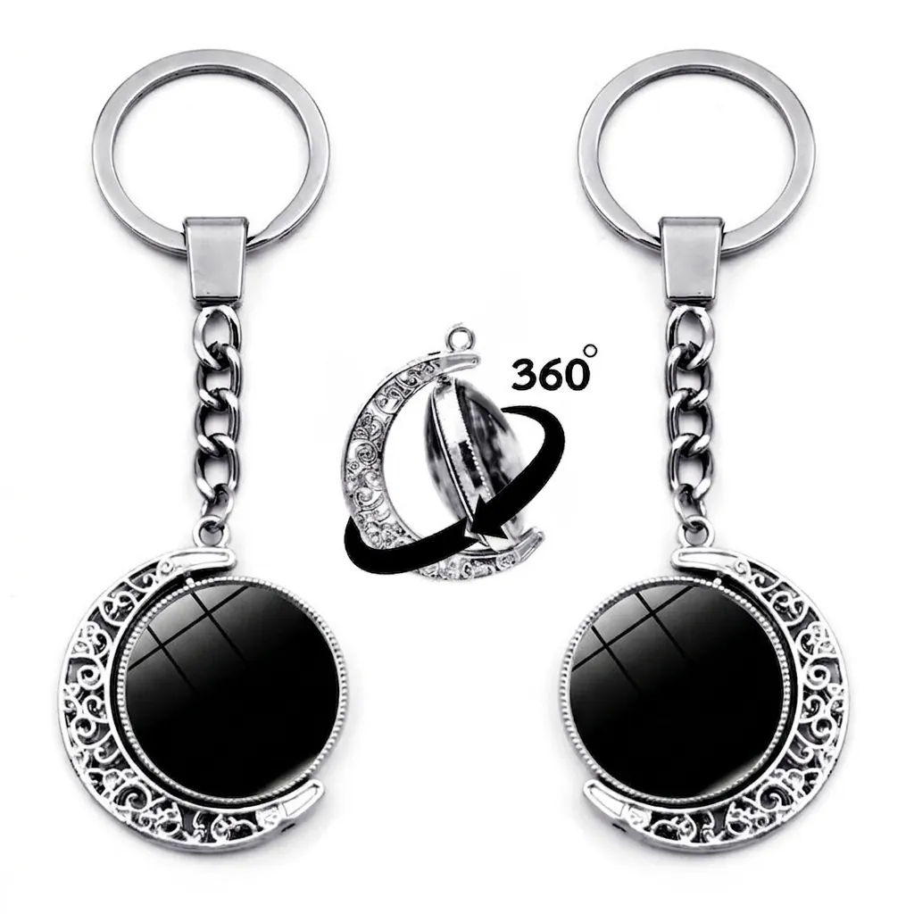 Rotatable Double Sided Moon Metal Keychain With Glass Cabochon Celestial Moon Pattern Zinc Alloy Creative Key Ring Bag Charm
