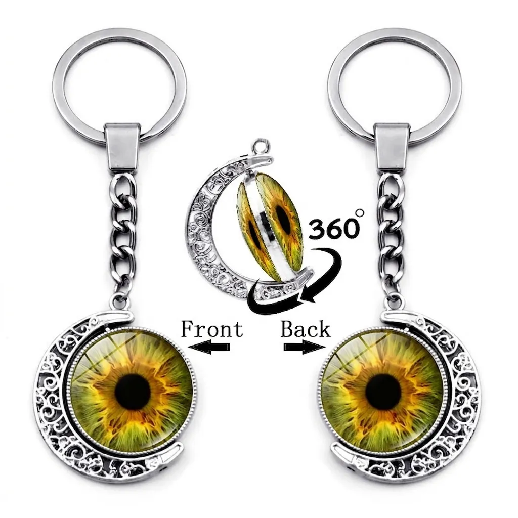 Rotating Evil Eye Moon Keychain Zinc Alloy Glass Pendant Double Sided Iris Pupil Keyring For Bag Charm Women Men Jewelry Gift