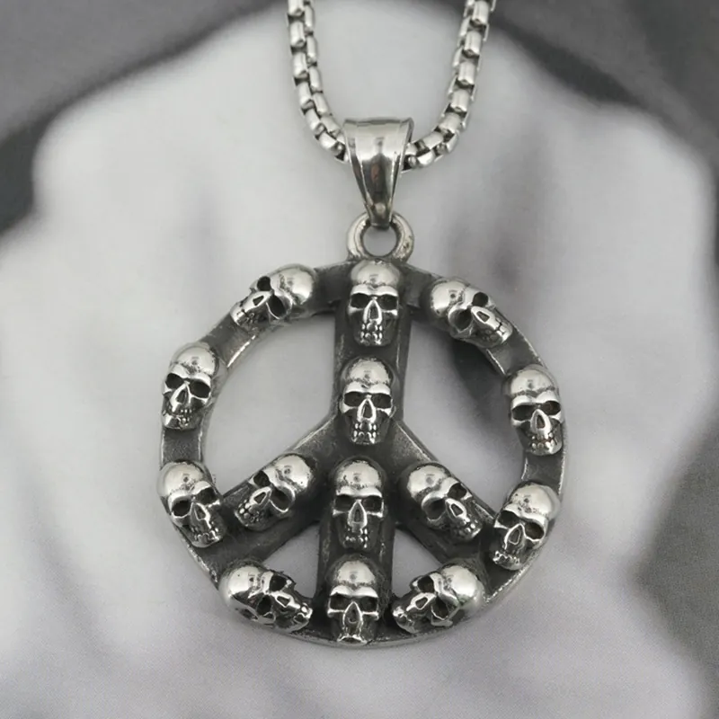 Vintage Titanium Steel Skull Peace Sign Pendant Necklace For Men Women Gothic Punk Hip Hop Jewelry Distressed Retro Accessory