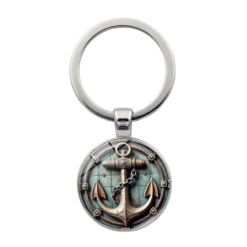 Retro Nautical Anchor Keychain Vintage Ship Anchor Zinc Alloy Metal Key Ring With Glass Cabochon Charm For Men Women Gifts