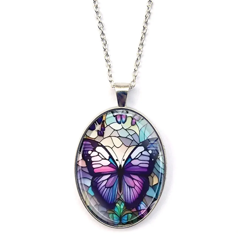 Bohemian Schmetterling Anhänger Halskette Vintage Silber Legierung Glas Einlage Oval Buntglas Stil Damen Mode Schmuck