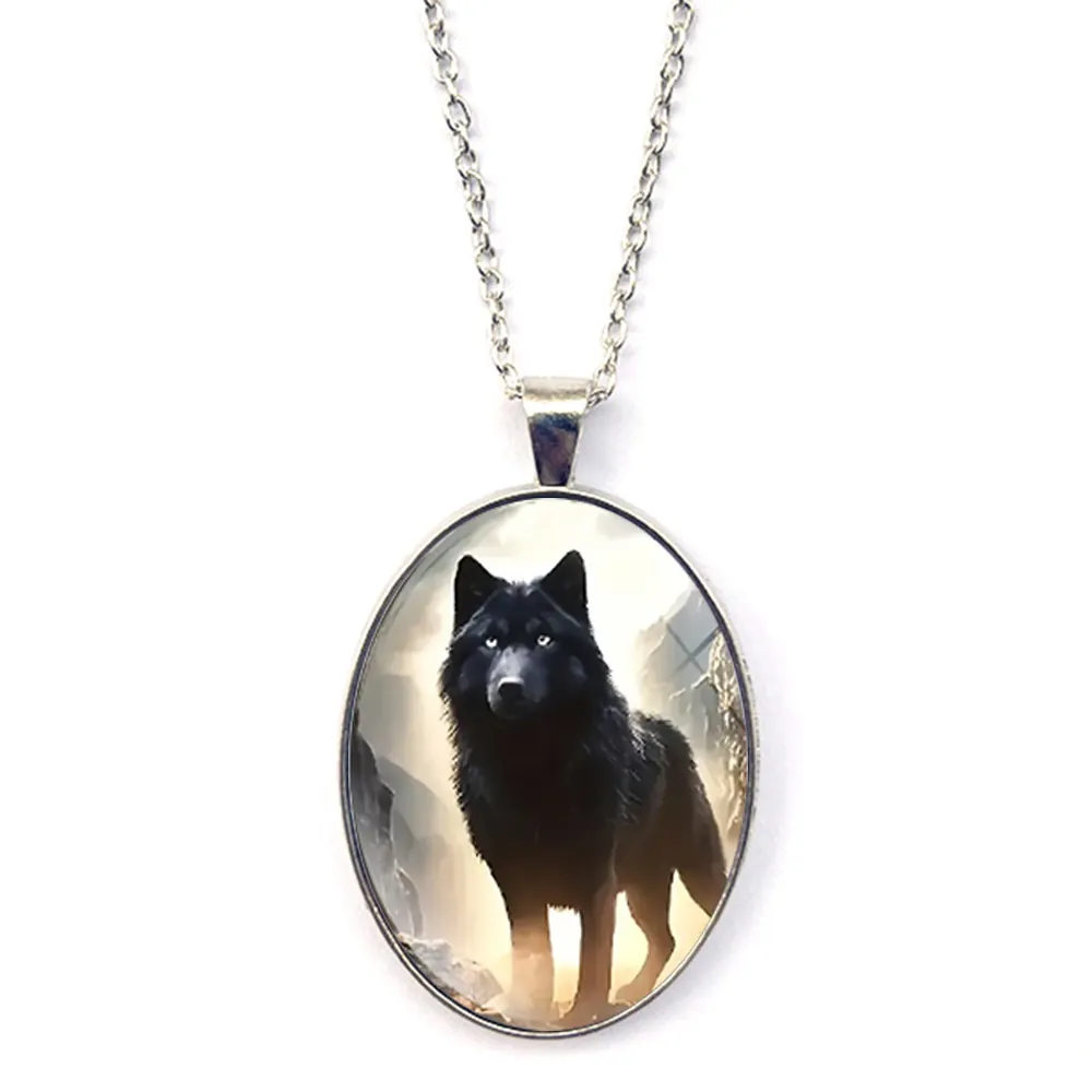 Vintage Wolf Pendant Necklace Alloy Glass Oval Animal Art Jewelry For Men Women Daily Commuting Gift Accessories