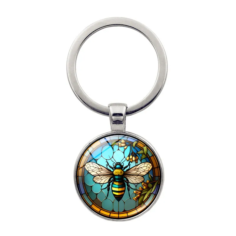 Bee Pattern Metal Keychain Round Glass Patch Artistic Stained Glass Style Pendant Key Ring Bag Charm Creative Gift