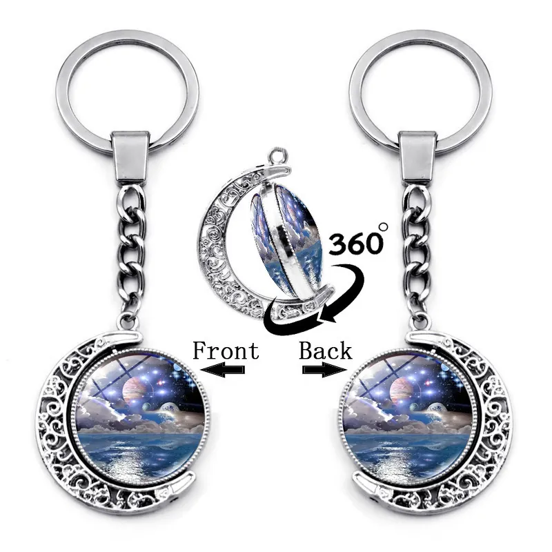 Starry Sky Galaxy Rotating Moon Keychain Double Sided Hollow Crescent Moon Pendant Glass Cabochon Keyring For Bag Hanging Accessory Gift