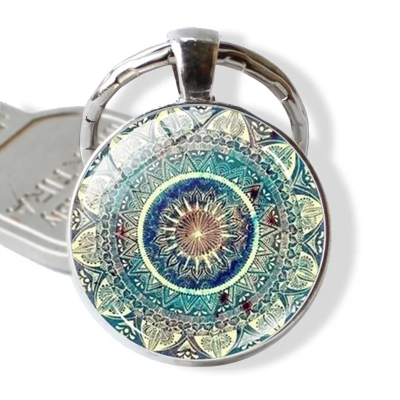 Mandala Pattern Keychain Glass Alloy Ethnic Geometric Flower Pendant Key Ring For Backpack Decoration Women Gift