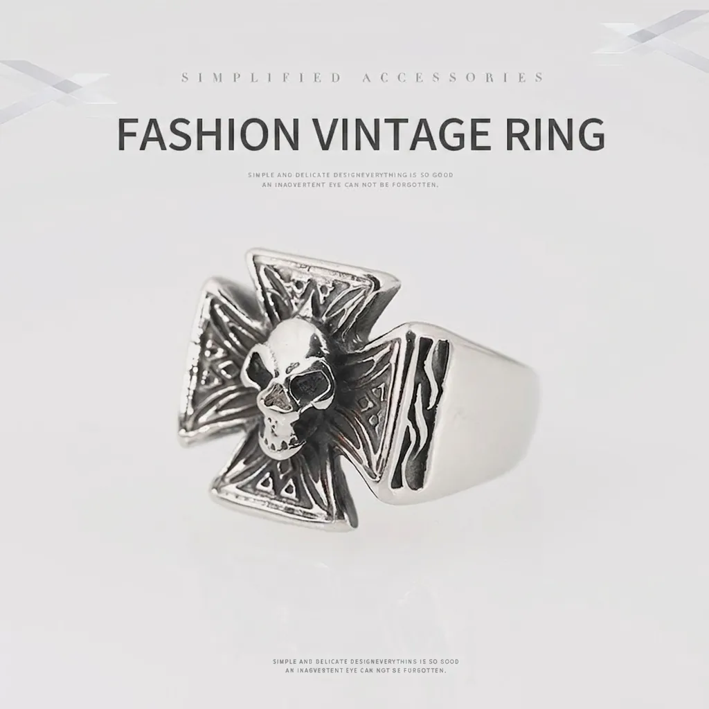 Men's Vintage Punk Skull Ring Titanium Steel Iron Cross Biker Ring Gothic Hip Hop Domineering Band Ring For Men Size 7-13