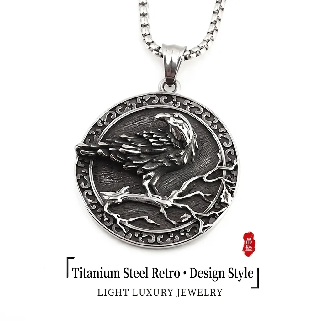 Retro Viking Raven Relief Round Pendant Titanium Steel Necklace For Men Nordic Norse Mythology Crow Tree Branch Gothic Jewelry