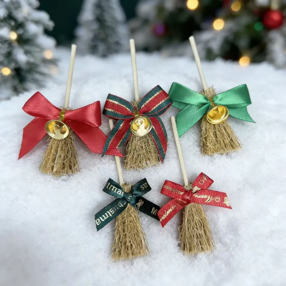 Mini Christmas Broom Wooden Decorative Broomstick With Bow And Bell Handcrafted Festive Hanging Ornament For Holiday Tree Decor