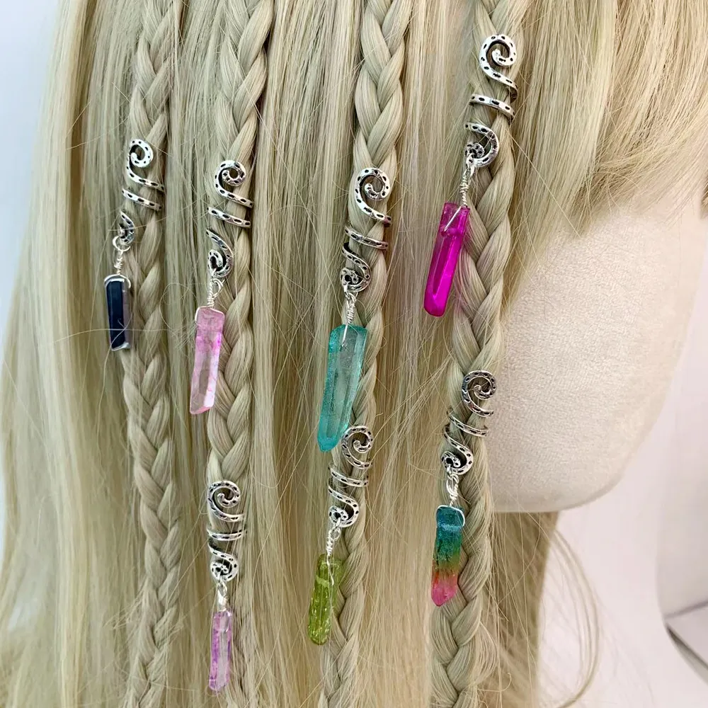 Vintage Alloy Spiral Dreadlock Hair Accessories With Hexagonal Crystal Pendant For Women Bohemian Handmade Hair Ring Jewelry