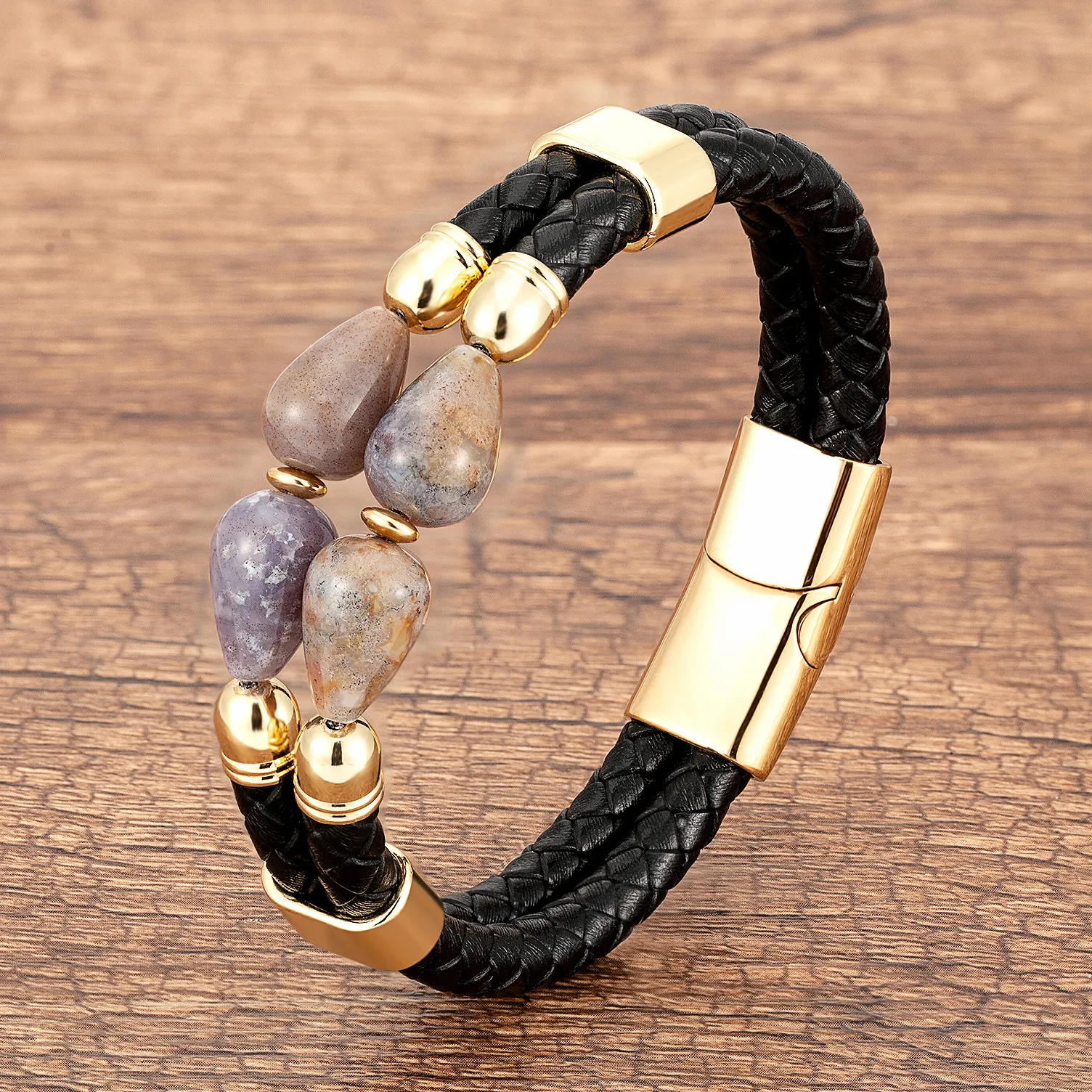 Vintage Men Woven Leather Bracelet With Gold Stainless Steel Magnetic Buckle Natural Tiger Eye Agate Stone Bead Wristband Jewelry